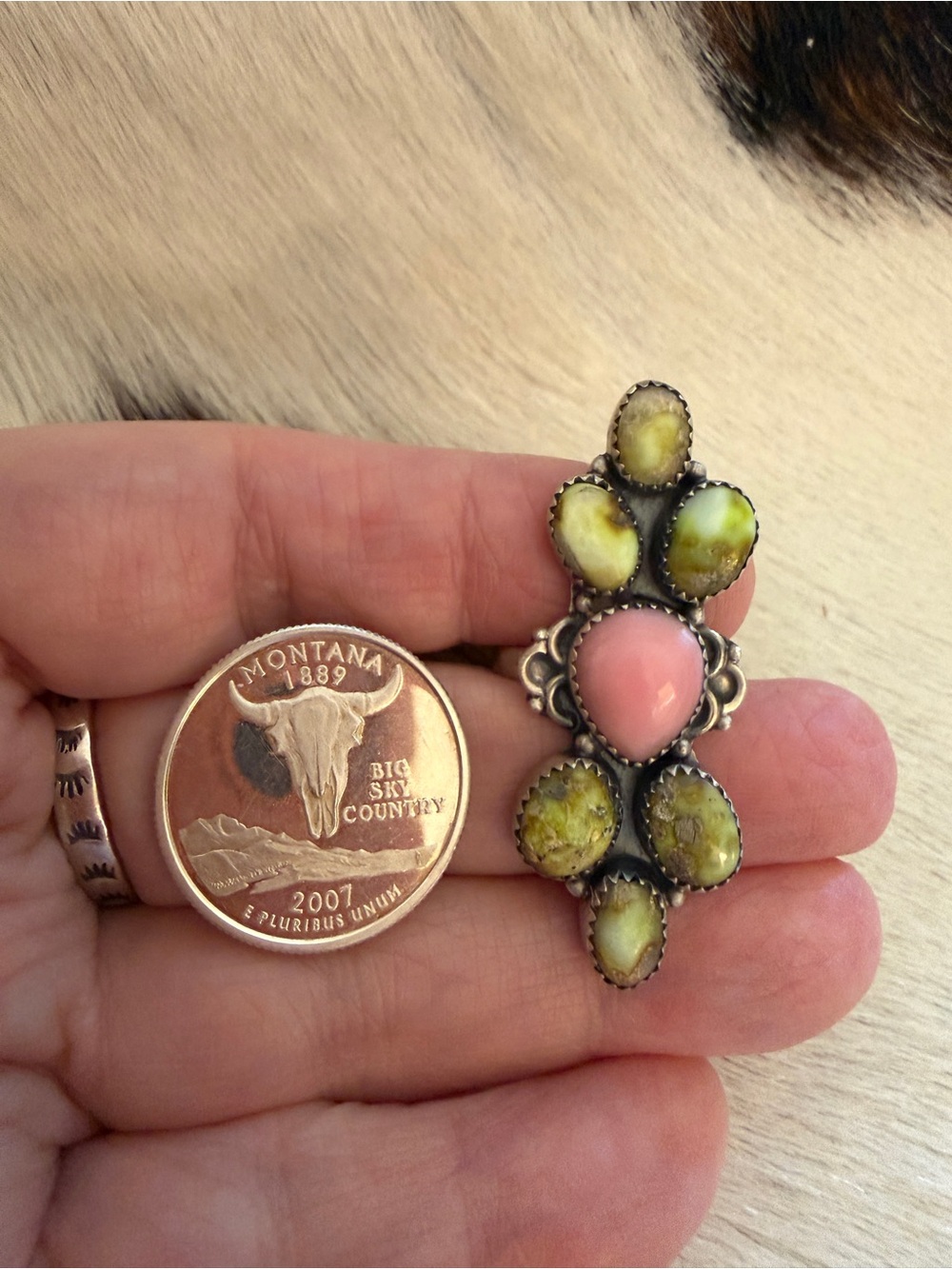 ❤️ Queen Pink Conch Palomino Variscite 925 Navajo Style Crawler Adjustable Ring - Picture 6 of 13